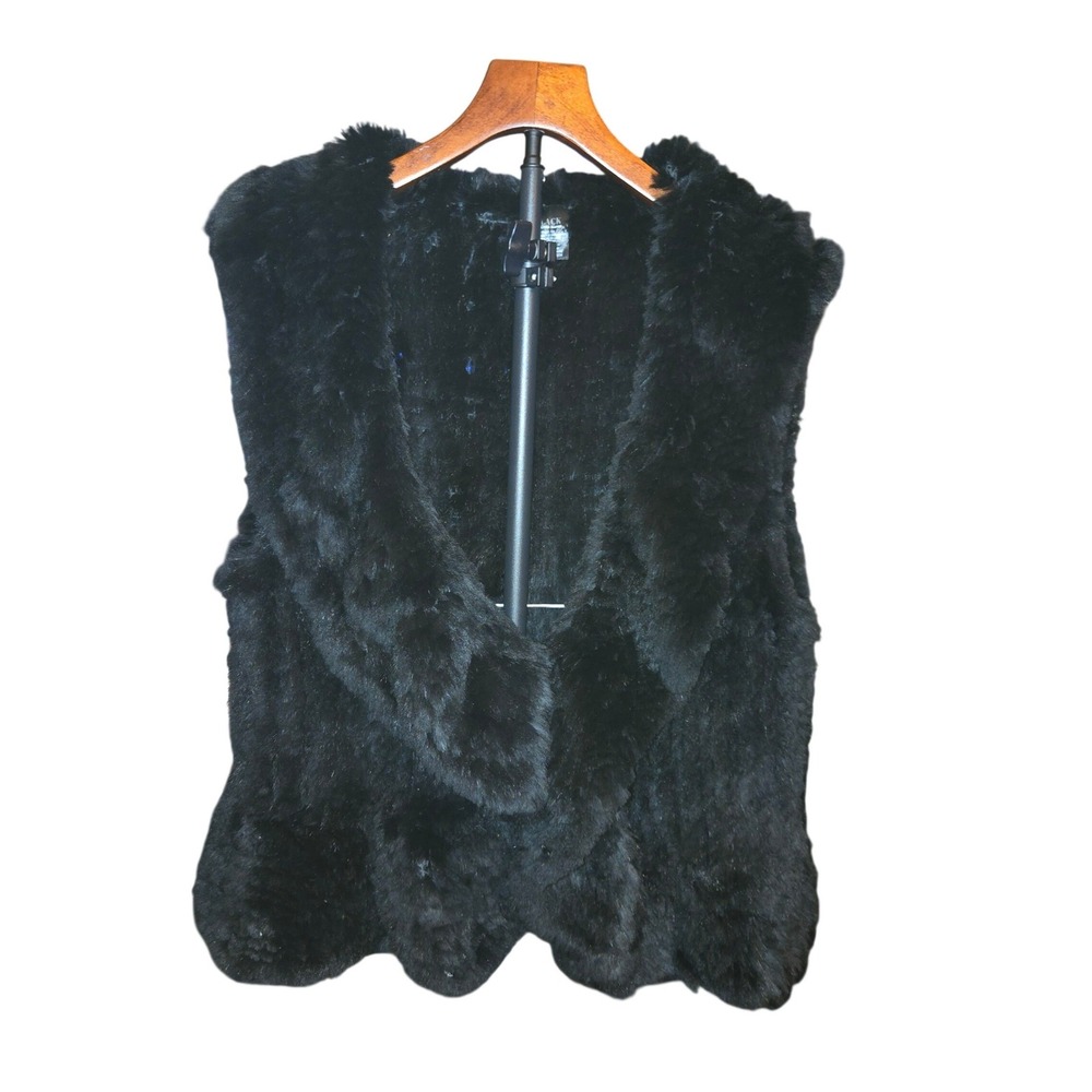 Saks Fifth Avenue BLACK Rabbit Fur Vest Women XL Black Draped Open Front Luxe‎